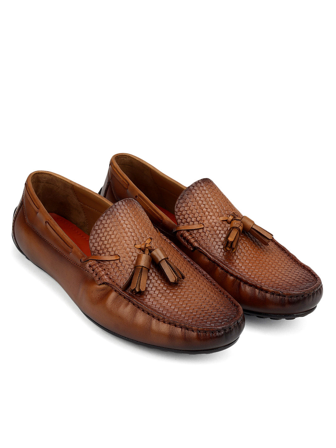 Tan Mat Textured Moccasins With Tassels