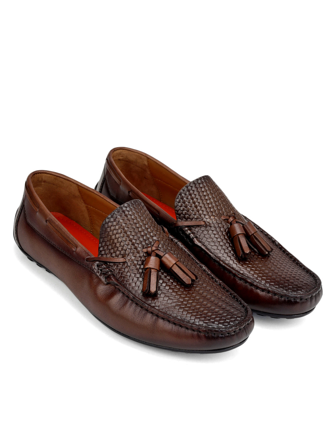 Brown Mat Textured Moccasins With Tassels