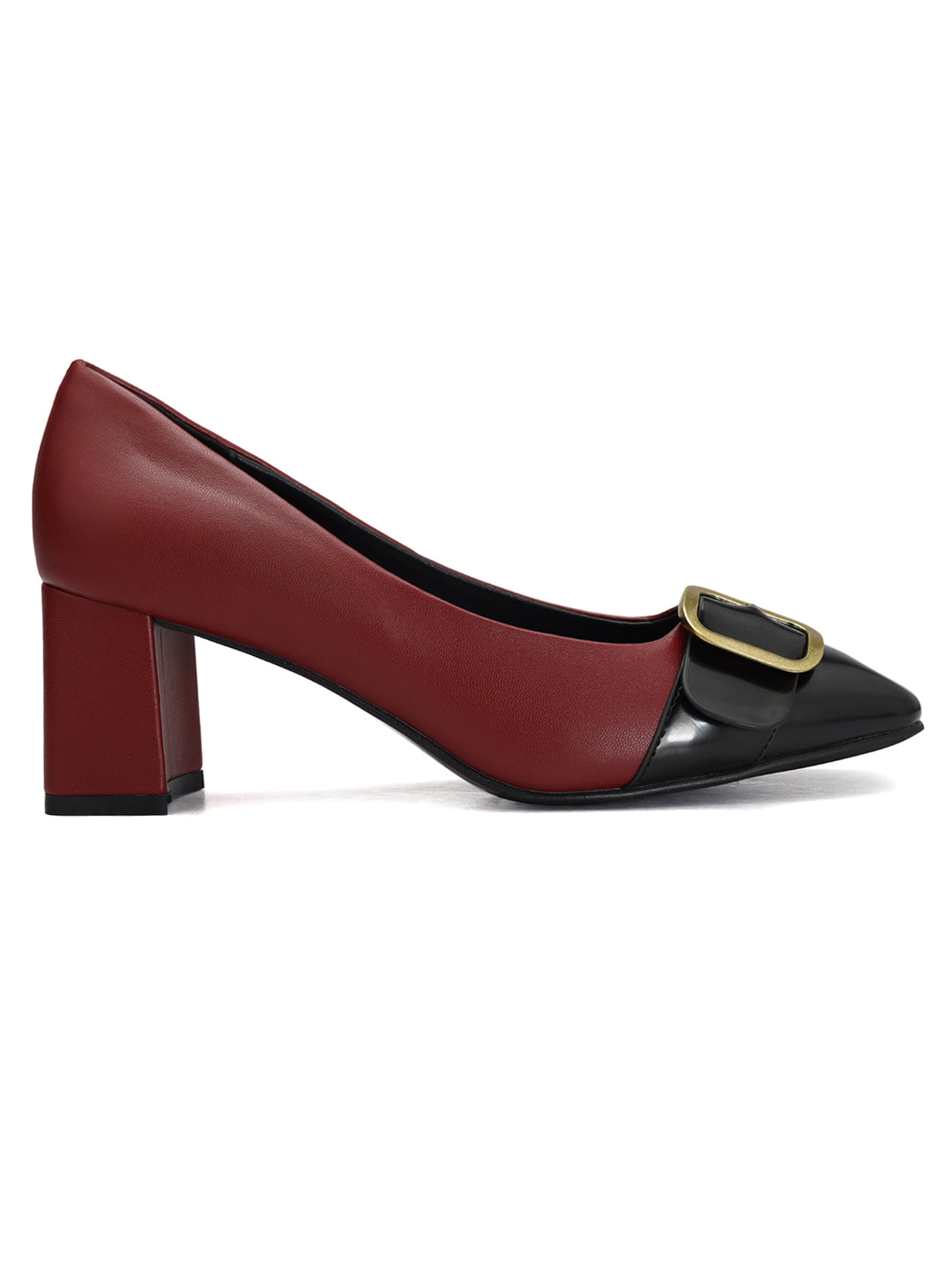 Red Black Buckle Embellished Block Heels โ Rosso Brunello