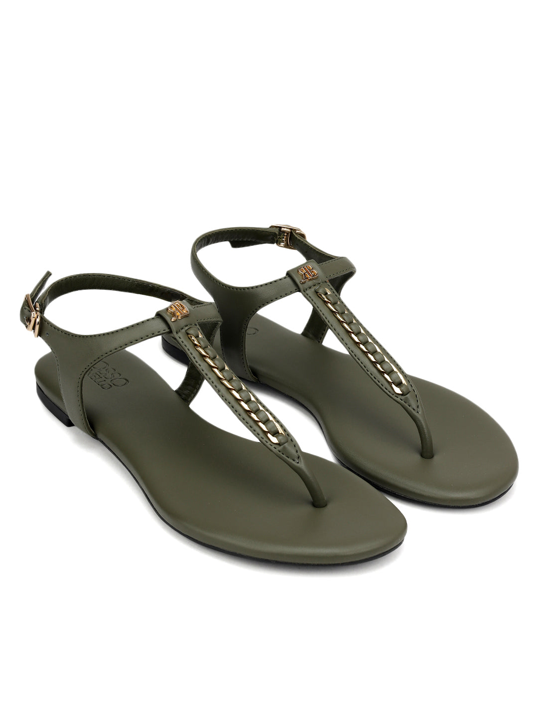 Green T-Strap Leather Flats