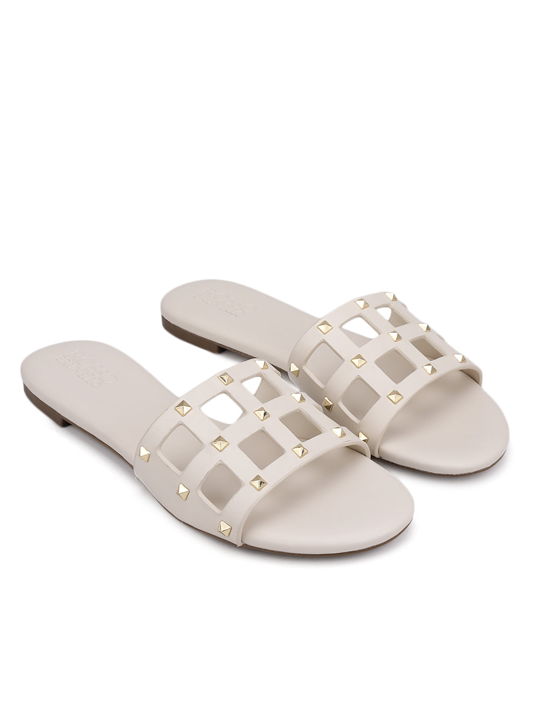 White Leather Stud Sliders 35 White