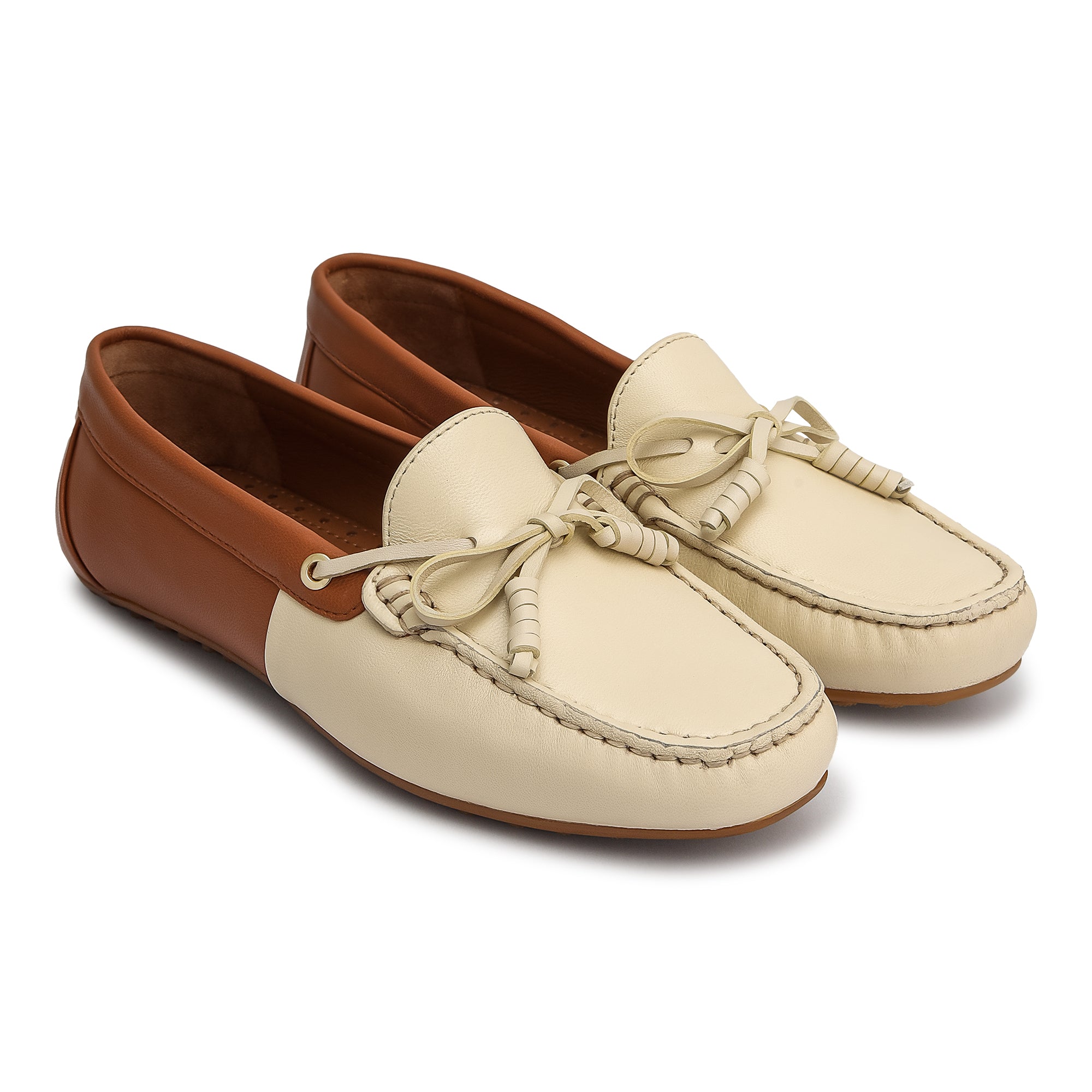 White & Tan Women Moccasins With Bow Detail
