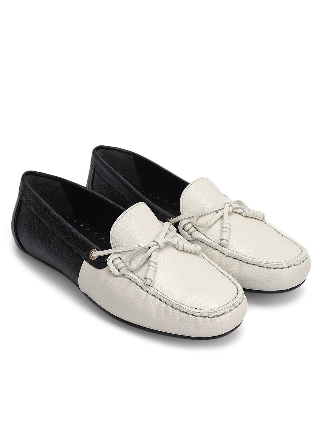 White & Black Women Moccasins With Bow Detail