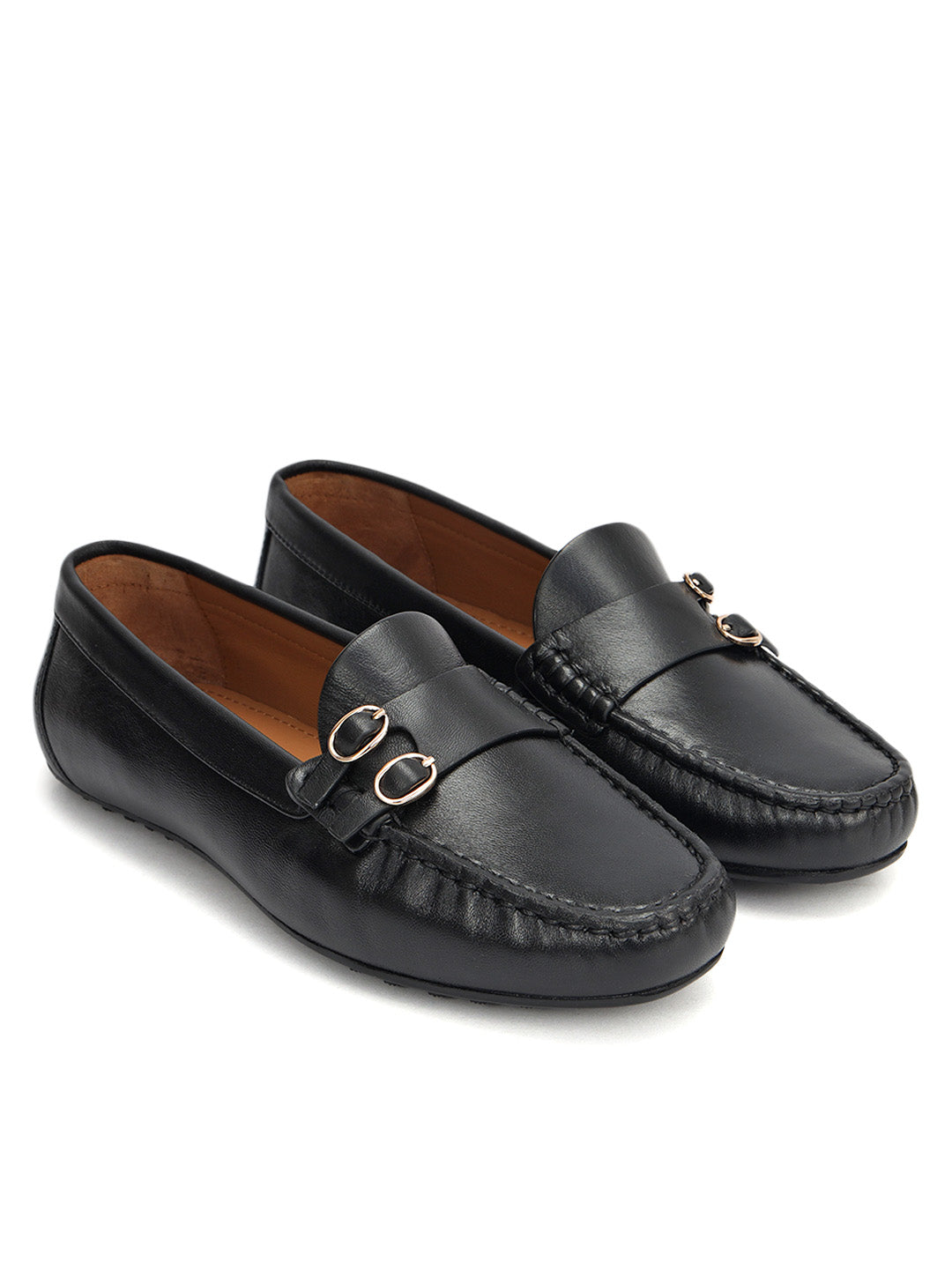 Black Double-Buckle Women Moccasins