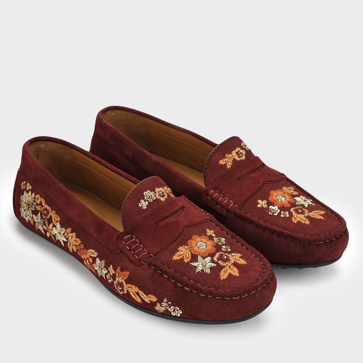 Burgundy Embroidered Women Moccasins