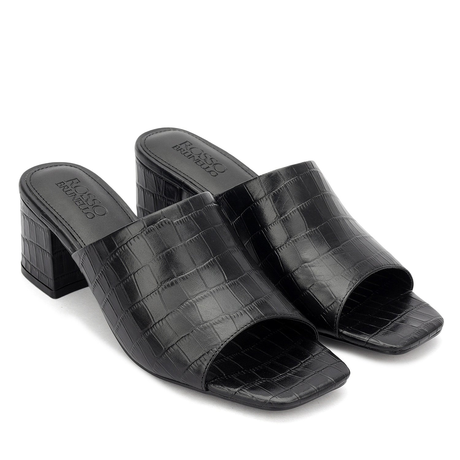 Black Croco Textured Block Heels