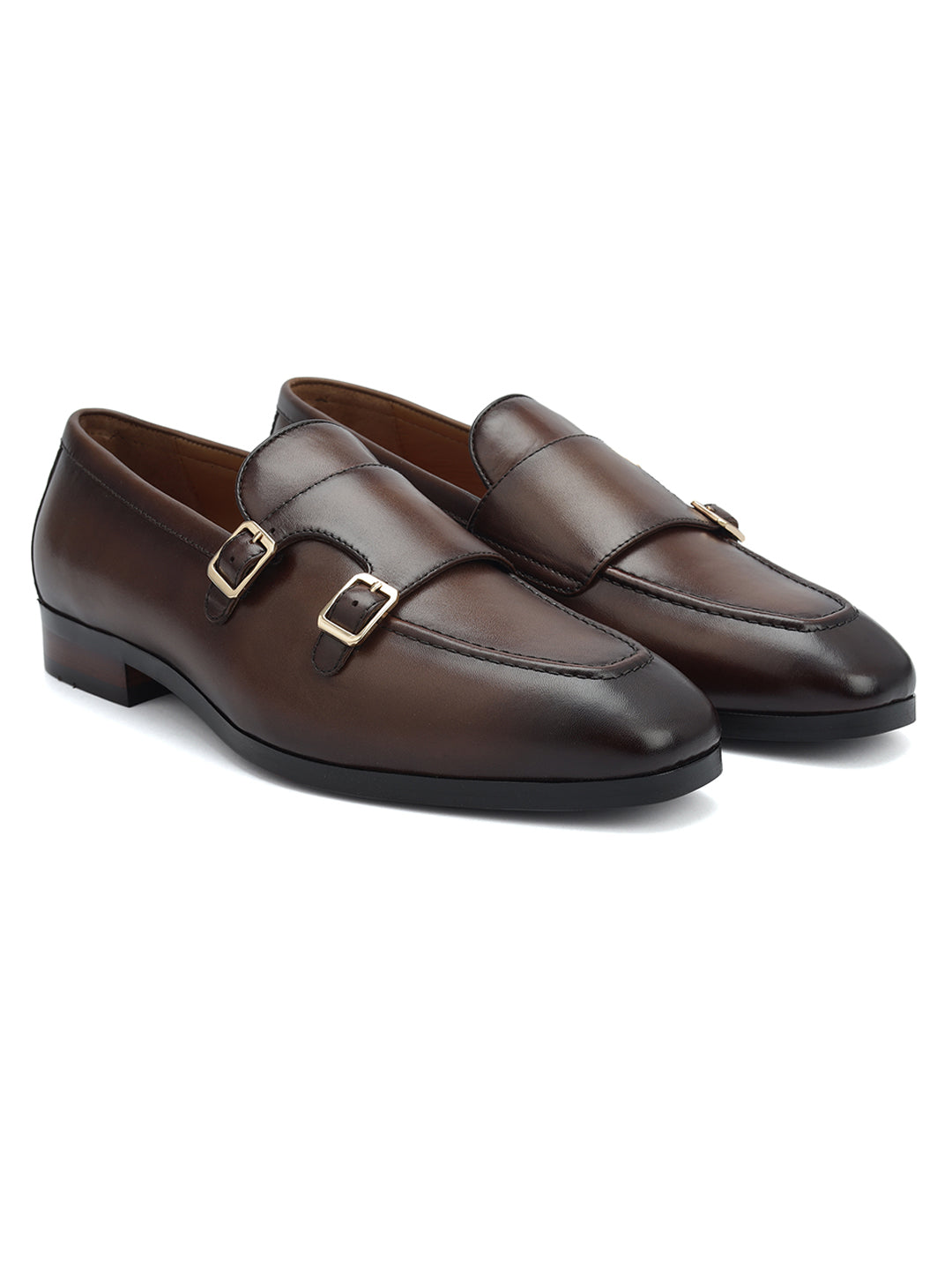 Brown Double Monk Straps Shoes 38 Brown