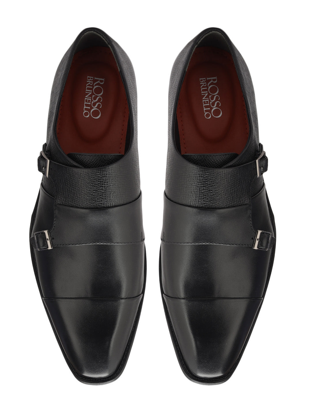 Black Textured Leather Double Monk Straps 38 Black