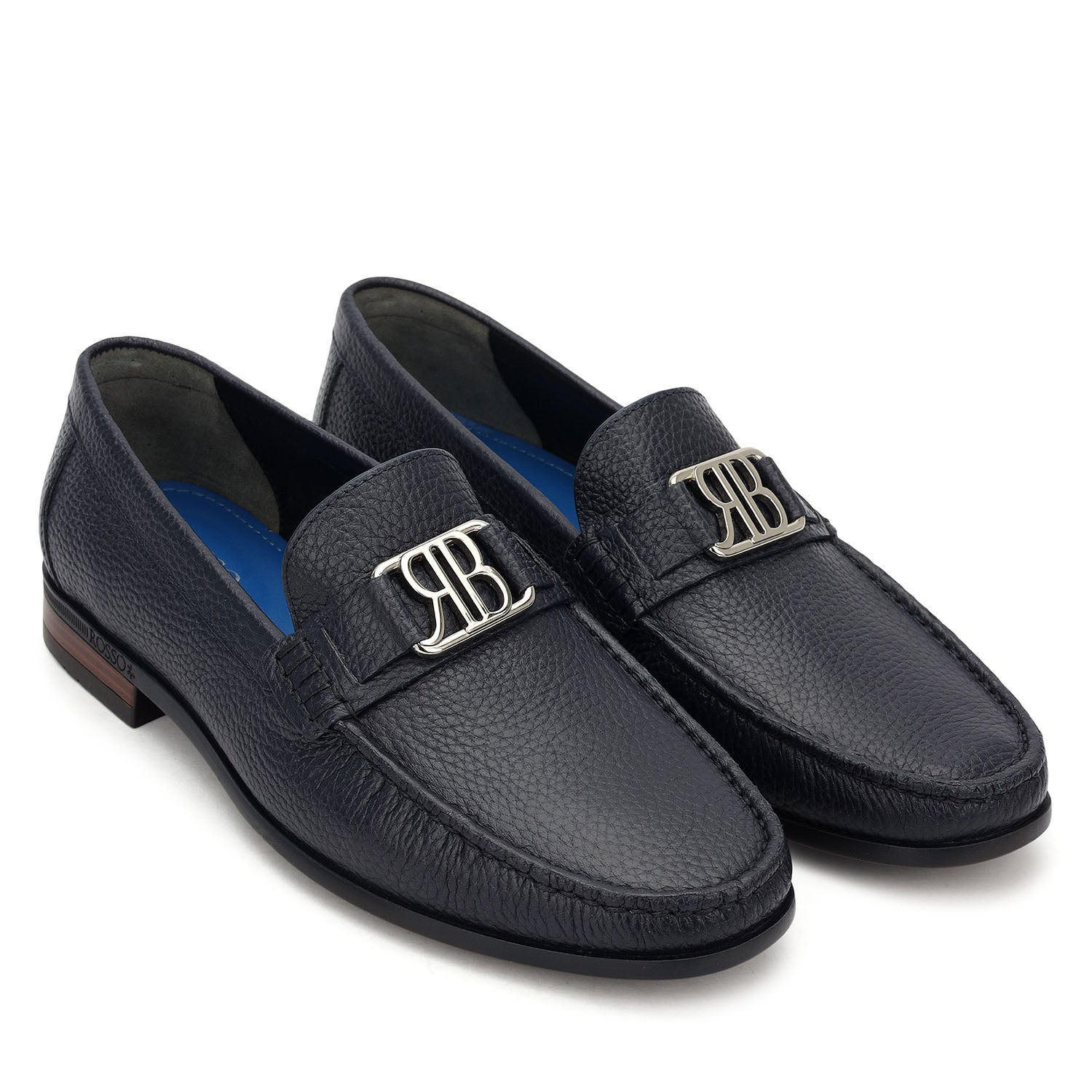 Blue Leather Loafers With Logo Buckle