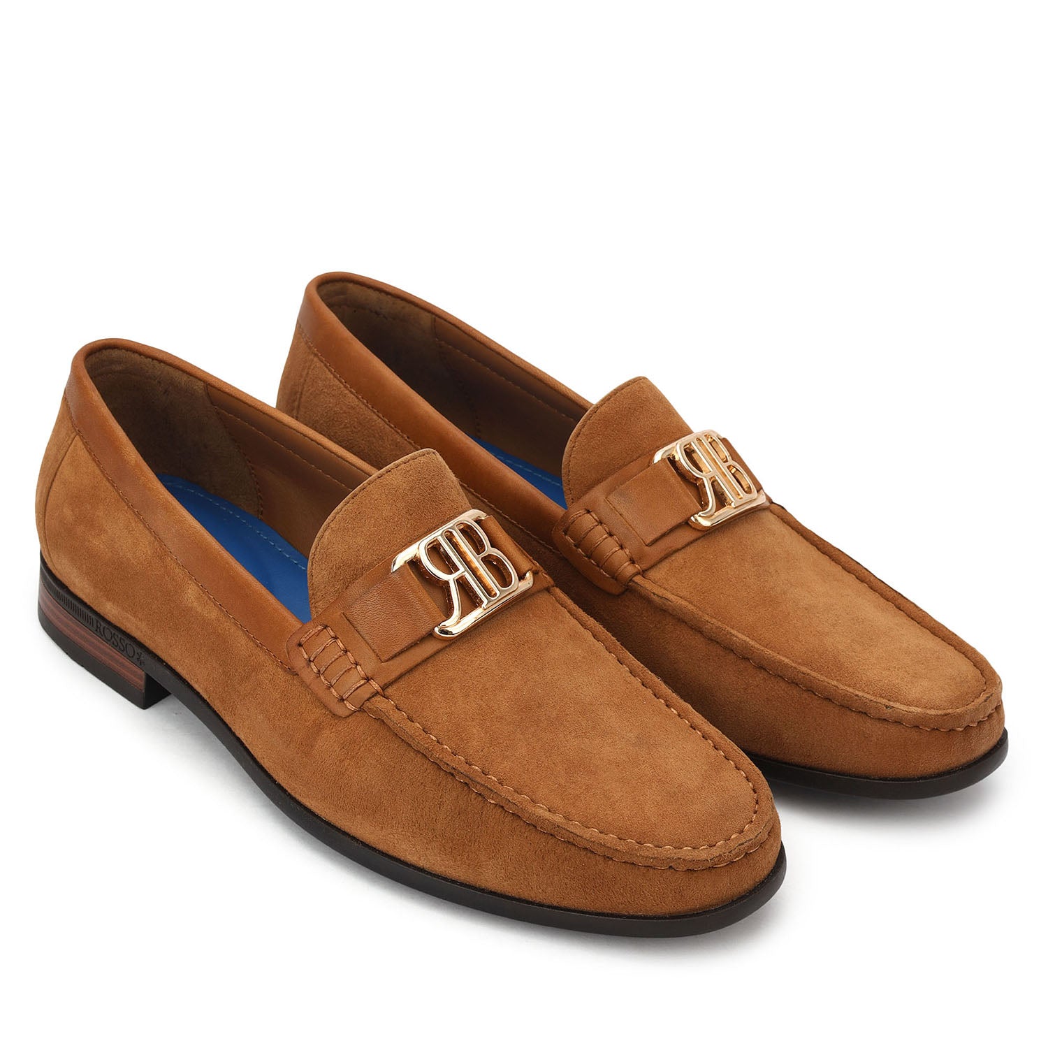 Tan Suede Leather Loafers With Logo Buckle