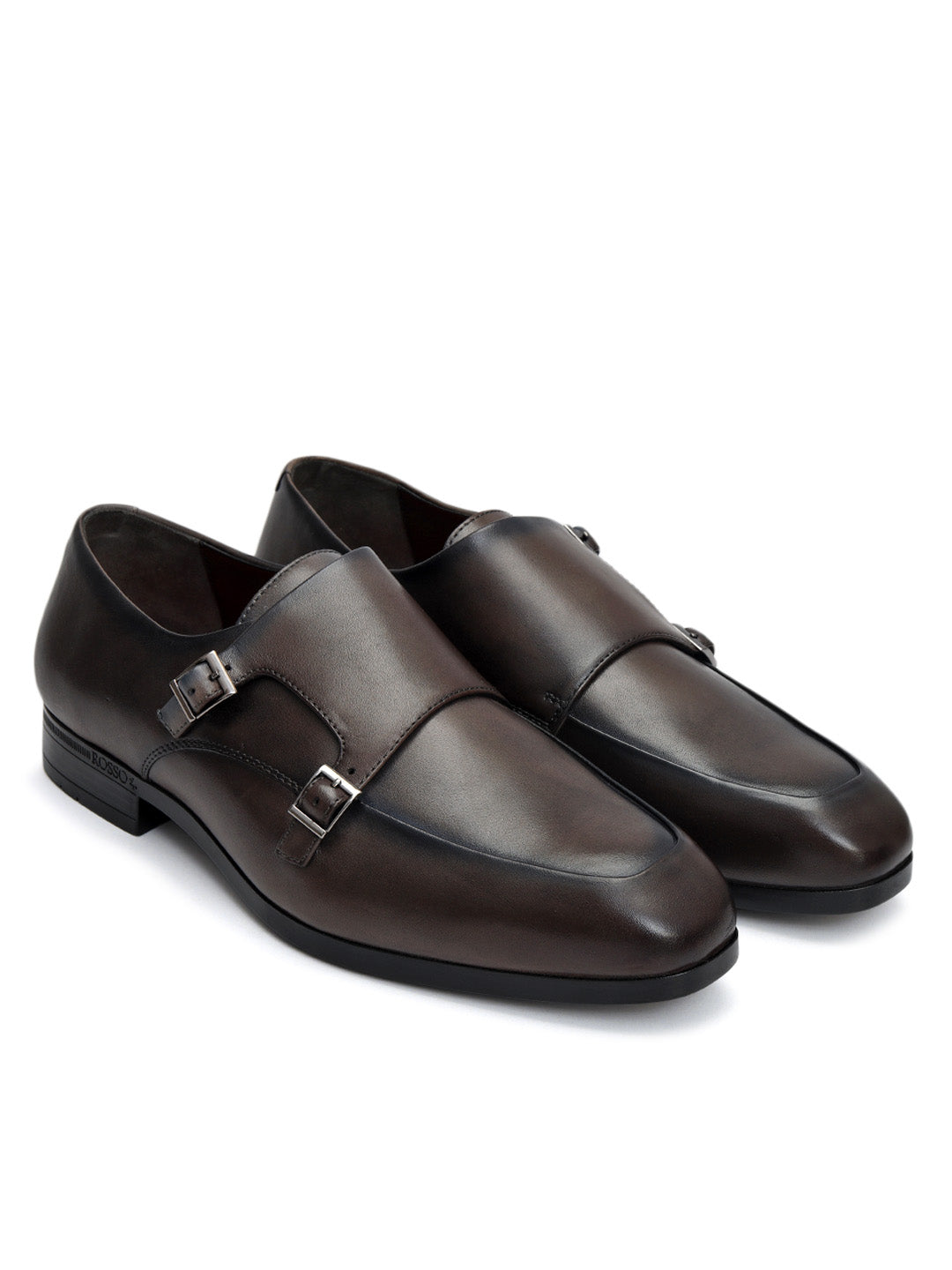 Grey Plain Leather Double Monk Straps