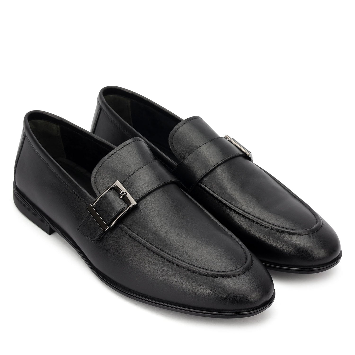 Black Leather Loafers With Buckle Detail