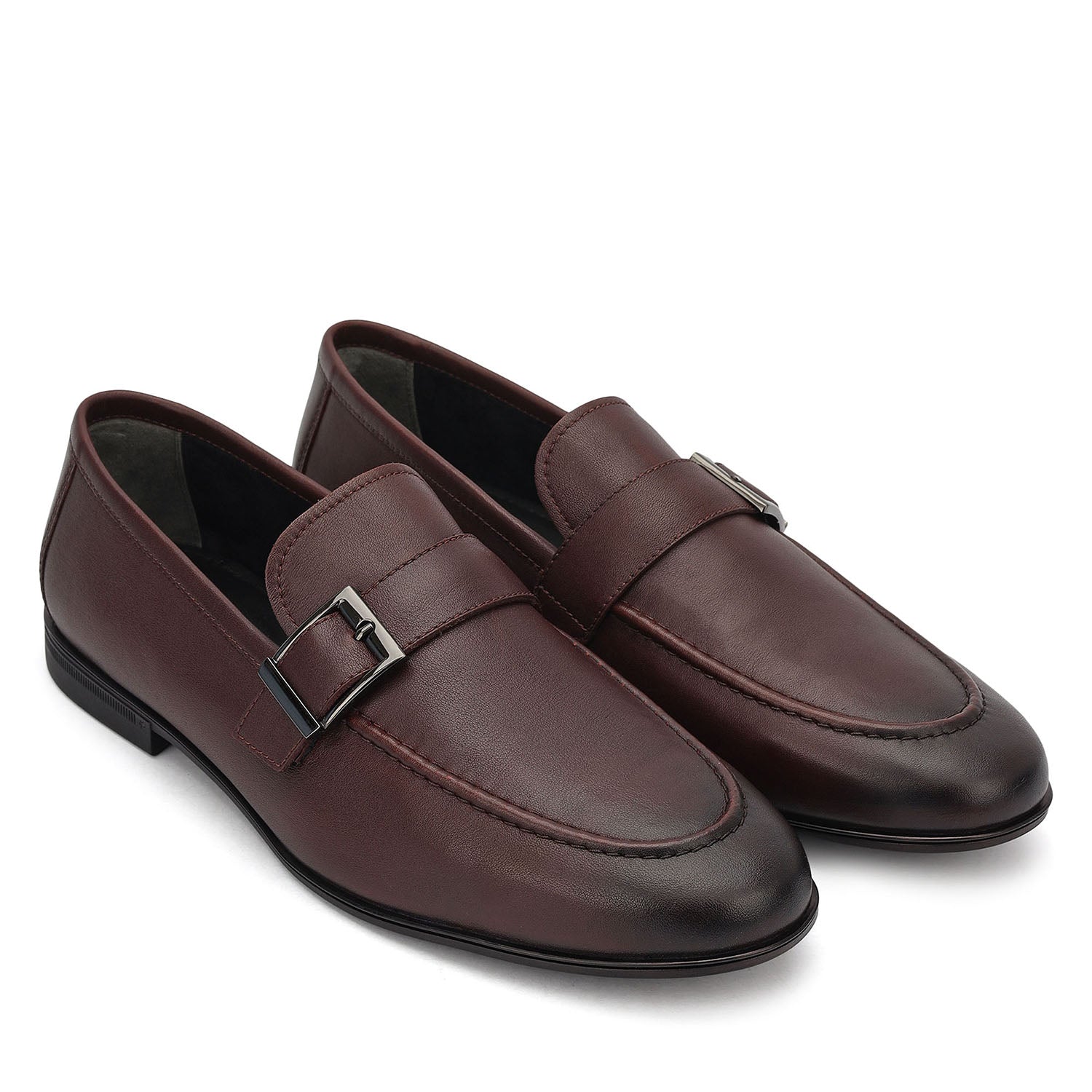 Burgundy Leather Loafers With Buckle Detail