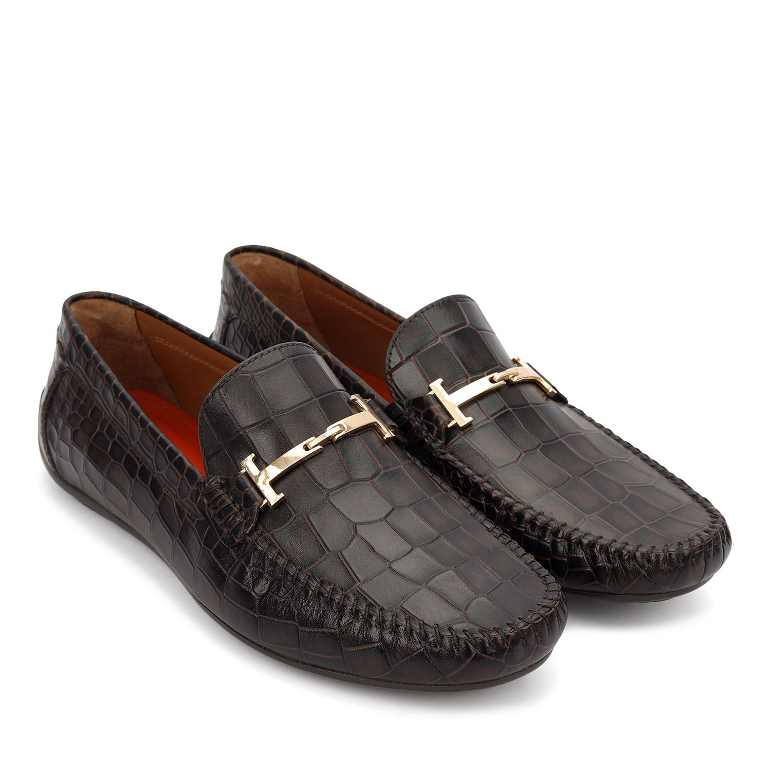 Brown Croco Textured Moccasins