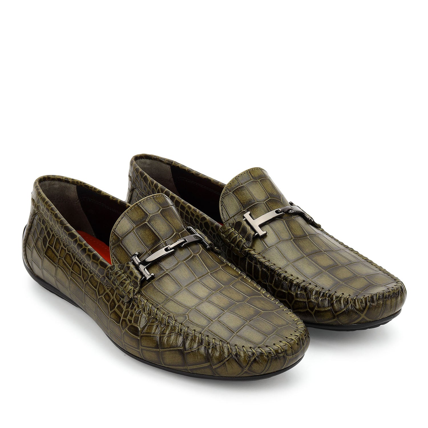 Green Croco Textured Moccasins