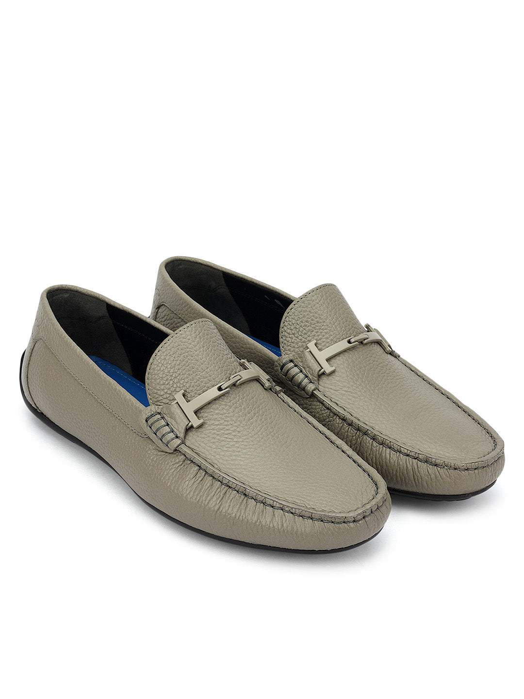 Grey Leather Moccasins With Buckle
