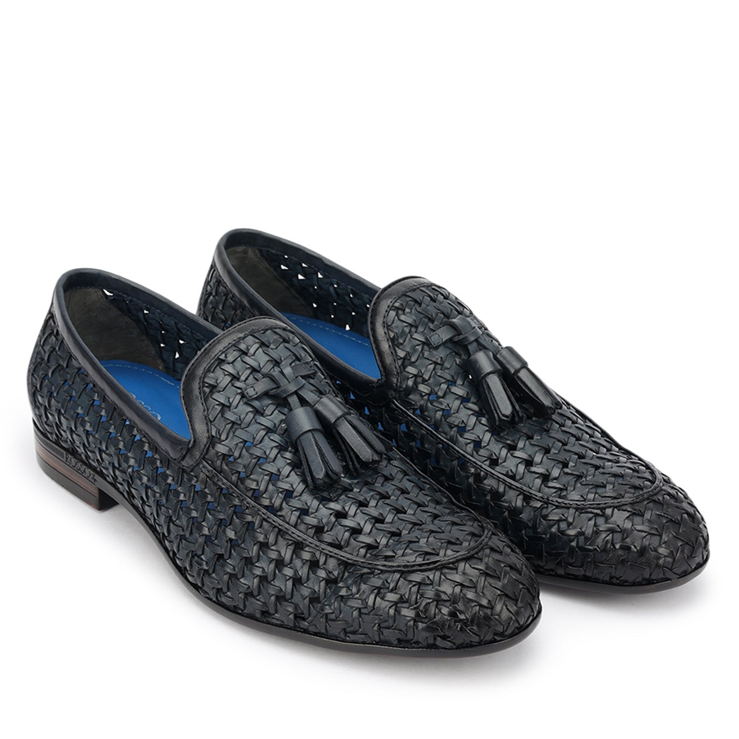 Blue Mat Textured Loafers With Tassels